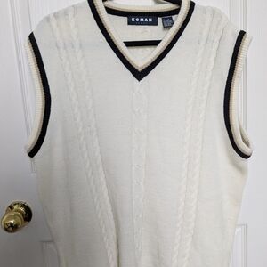 Koman Men's V-Neck Sweater Vest - Ivory with Black Edging